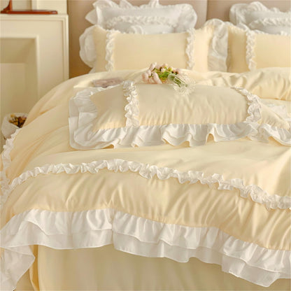 Girls Lace Bedding, Full Comforter Cover Set, Chic Ruffled Duvet Cover with 2 Layers Ruffle,Princess Style 1 Duvet Cover with 2 Pillowcases, No Comforter-Yellow,Full