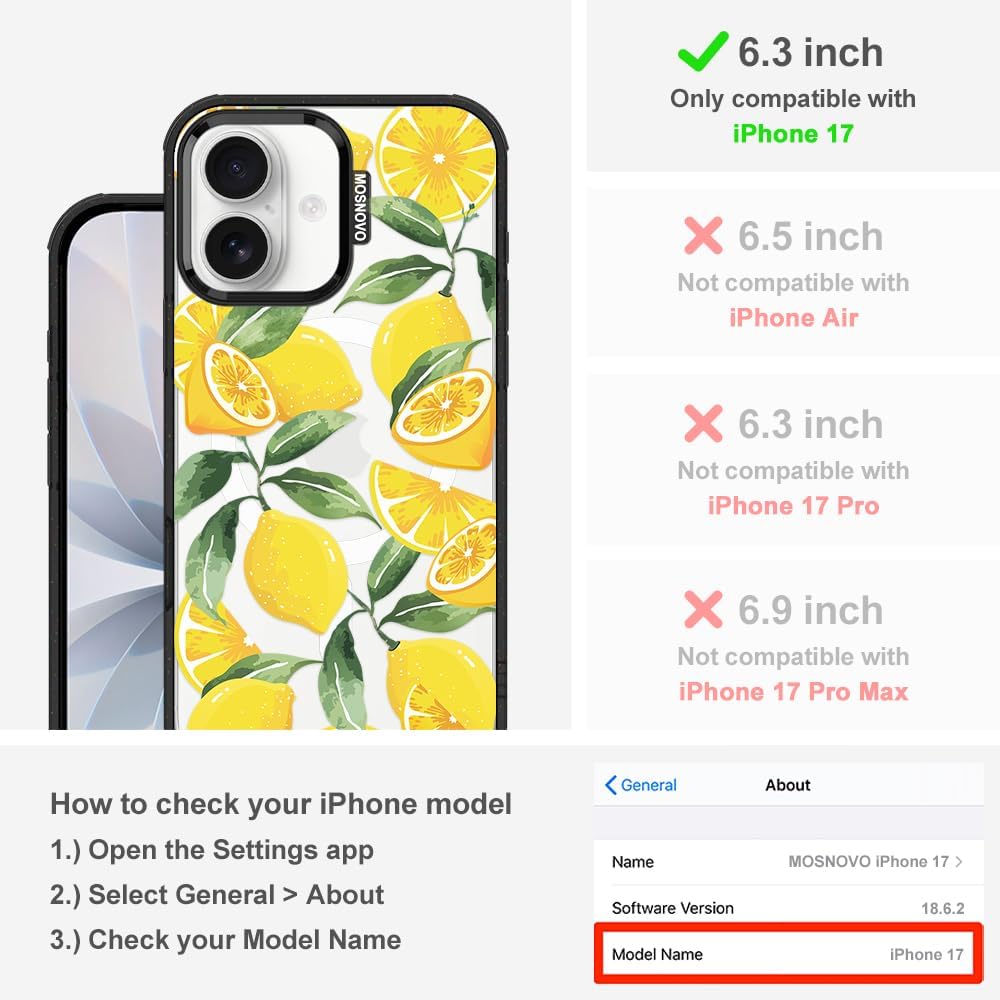 for iPhone 17 Case, Fit for MagSafe, Military-Grade Drop Protection, Shockproof Bumper, Cute Aesthetic Magnetic Phone Case for iPhone 17, Lemon/Black