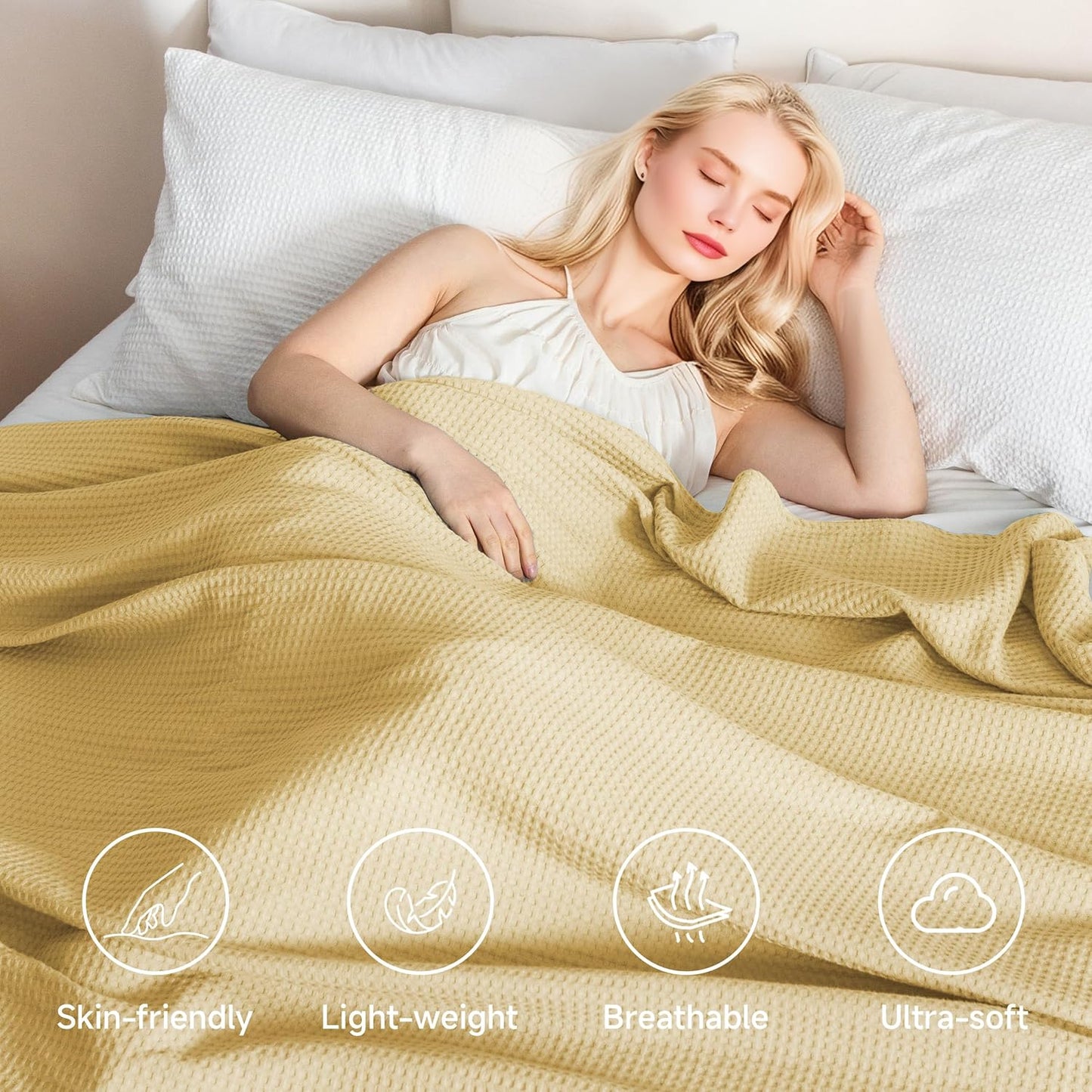 100% Cotton Waffle Weave Throw Blanket 50"x60", Soft Lightweight Breathable Cozy Washed, Layer Blanket for Couch Bed Sofa, Farmhouse Home Decor for Adults All-Season, Light Yellow