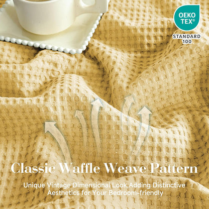 100% Cotton Waffle Weave Throw Blanket 50"x60", Soft Lightweight Breathable Cozy Washed, Layer Blanket for Couch Bed Sofa, Farmhouse Home Decor for Adults All-Season, Light Yellow