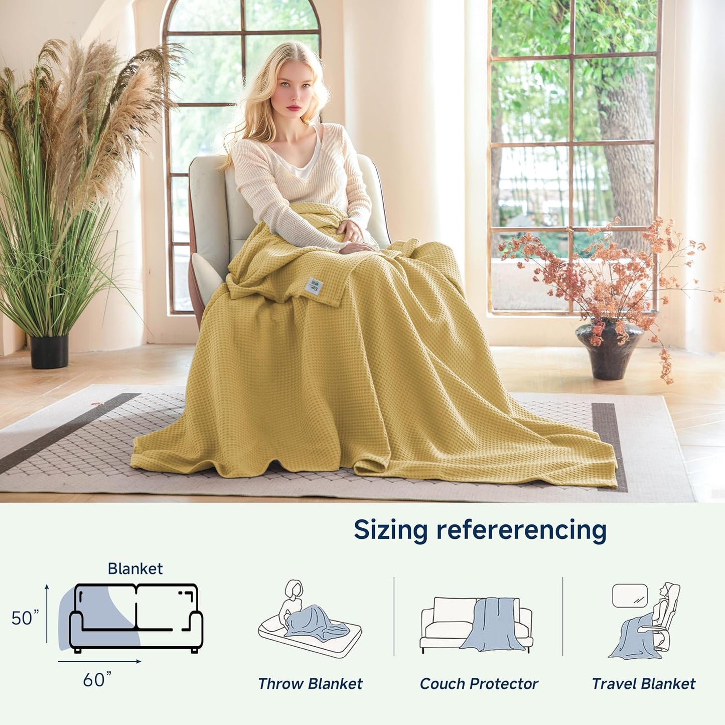 100% Cotton Waffle Weave Throw Blanket 50"x60", Soft Lightweight Breathable Cozy Washed, Layer Blanket for Couch Bed Sofa, Farmhouse Home Decor for Adults All-Season, Light Yellow