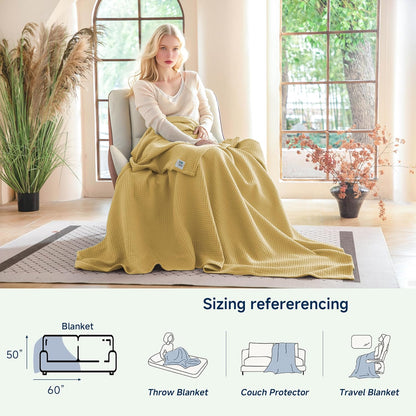 100% Cotton Waffle Weave Throw Blanket 50"x60", Soft Lightweight Breathable Cozy Washed, Layer Blanket for Couch Bed Sofa, Farmhouse Home Decor for Adults All-Season, Light Yellow