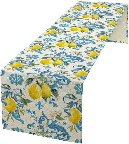 Retro Lemon Iris Table Runner, Seasonal Spring Summer Blue Yellow Fruit Theme Print Table Runner for Kitchen Dinning Table Decor Home Wedding Party Holiday, 13x36 Inch