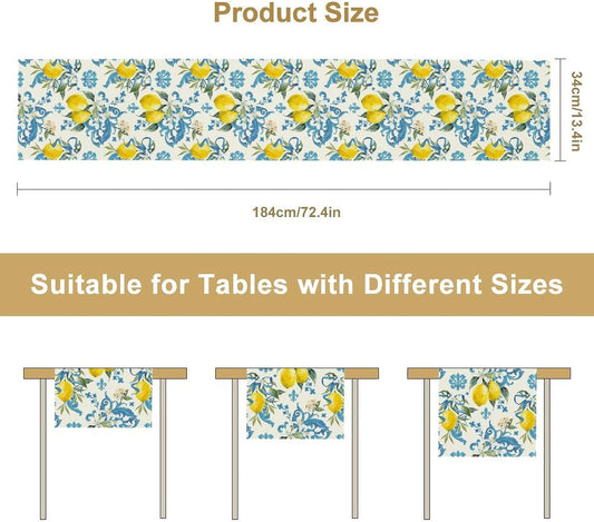 Retro Lemon Iris Table Runner, Seasonal Spring Summer Blue Yellow Fruit Theme Print Table Runner for Kitchen Dinning Table Decor Home Wedding Party Holiday, 13x36 Inch