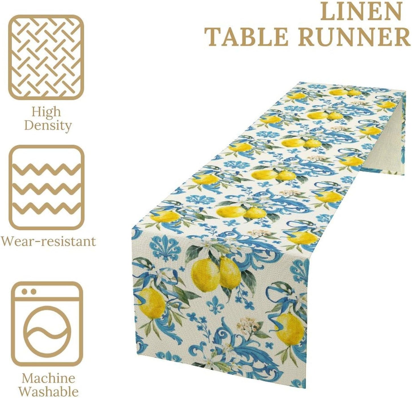Retro Lemon Iris Table Runner, Seasonal Spring Summer Blue Yellow Fruit Theme Print Table Runner for Kitchen Dinning Table Decor Home Wedding Party Holiday, 13x36 Inch