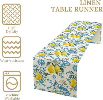 Retro Lemon Iris Table Runner, Seasonal Spring Summer Blue Yellow Fruit Theme Print Table Runner for Kitchen Dinning Table Decor Home Wedding Party Holiday, 13x36 Inch