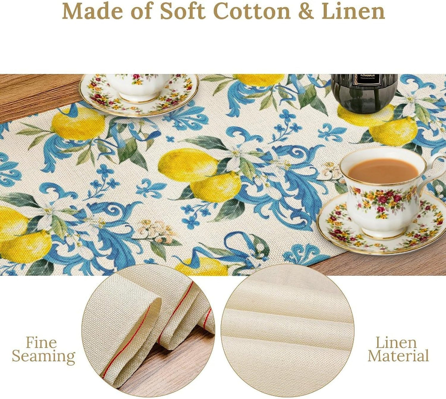 Retro Lemon Iris Table Runner, Seasonal Spring Summer Blue Yellow Fruit Theme Print Table Runner for Kitchen Dinning Table Decor Home Wedding Party Holiday, 13x36 Inch