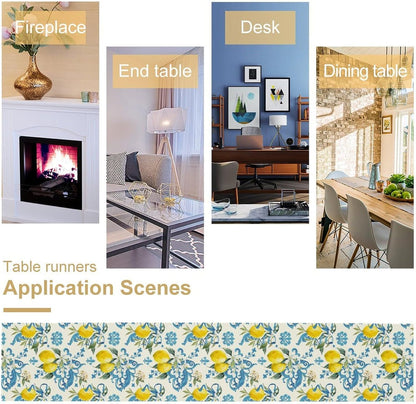 Retro Lemon Iris Table Runner, Seasonal Spring Summer Blue Yellow Fruit Theme Print Table Runner for Kitchen Dinning Table Decor Home Wedding Party Holiday, 13x36 Inch