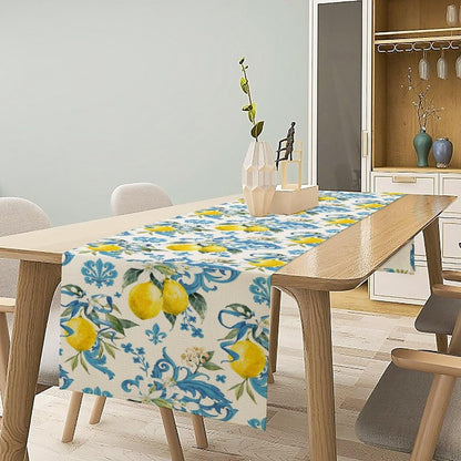 Retro Lemon Iris Table Runner, Seasonal Spring Summer Blue Yellow Fruit Theme Print Table Runner for Kitchen Dinning Table Decor Home Wedding Party Holiday, 13x36 Inch