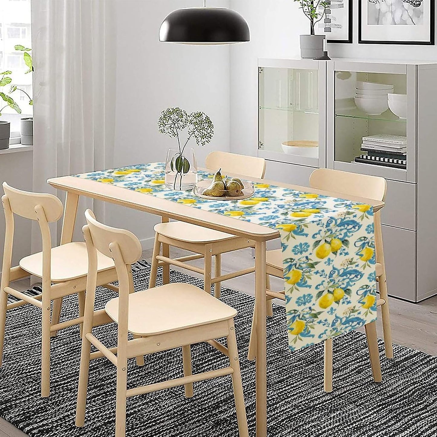 Retro Lemon Iris Table Runner, Seasonal Spring Summer Blue Yellow Fruit Theme Print Table Runner for Kitchen Dinning Table Decor Home Wedding Party Holiday, 13x36 Inch