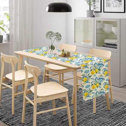 Retro Lemon Iris Table Runner, Seasonal Spring Summer Blue Yellow Fruit Theme Print Table Runner for Kitchen Dinning Table Decor Home Wedding Party Holiday, 13x36 Inch