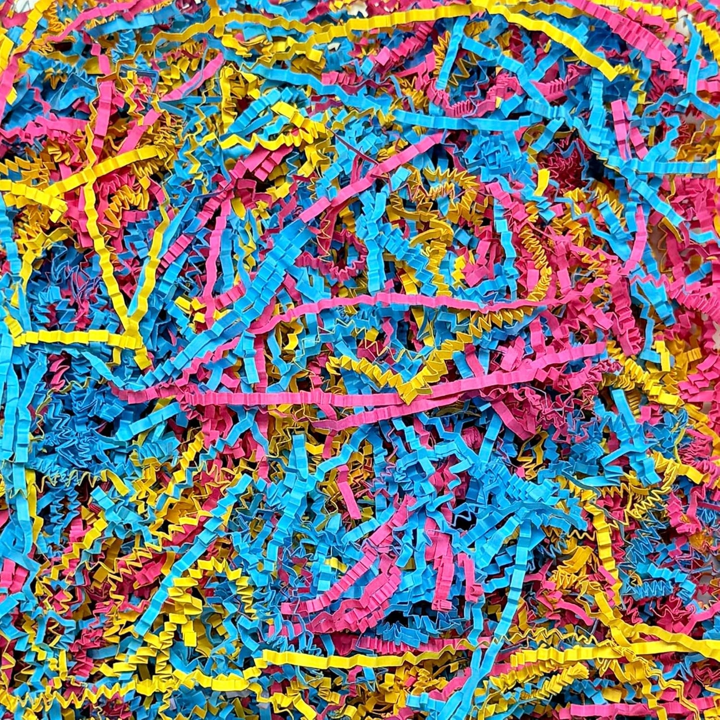 Crinkle Cut Paper Shred - 5.3 oz Fluffy Gift Box Filler, Basket Stuffing for Christmas, Wedding, Birthday | Decorative Packing Grass, Party Decorations (Pink Sky Blue Yellow, 5.3 OZ)