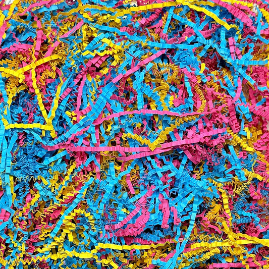 Crinkle Cut Paper Shred - 5.3 oz Fluffy Gift Box Filler, Basket Stuffing for Christmas, Wedding, Birthday | Decorative Packing Grass, Party Decorations (Pink Sky Blue Yellow, 5.3 OZ)