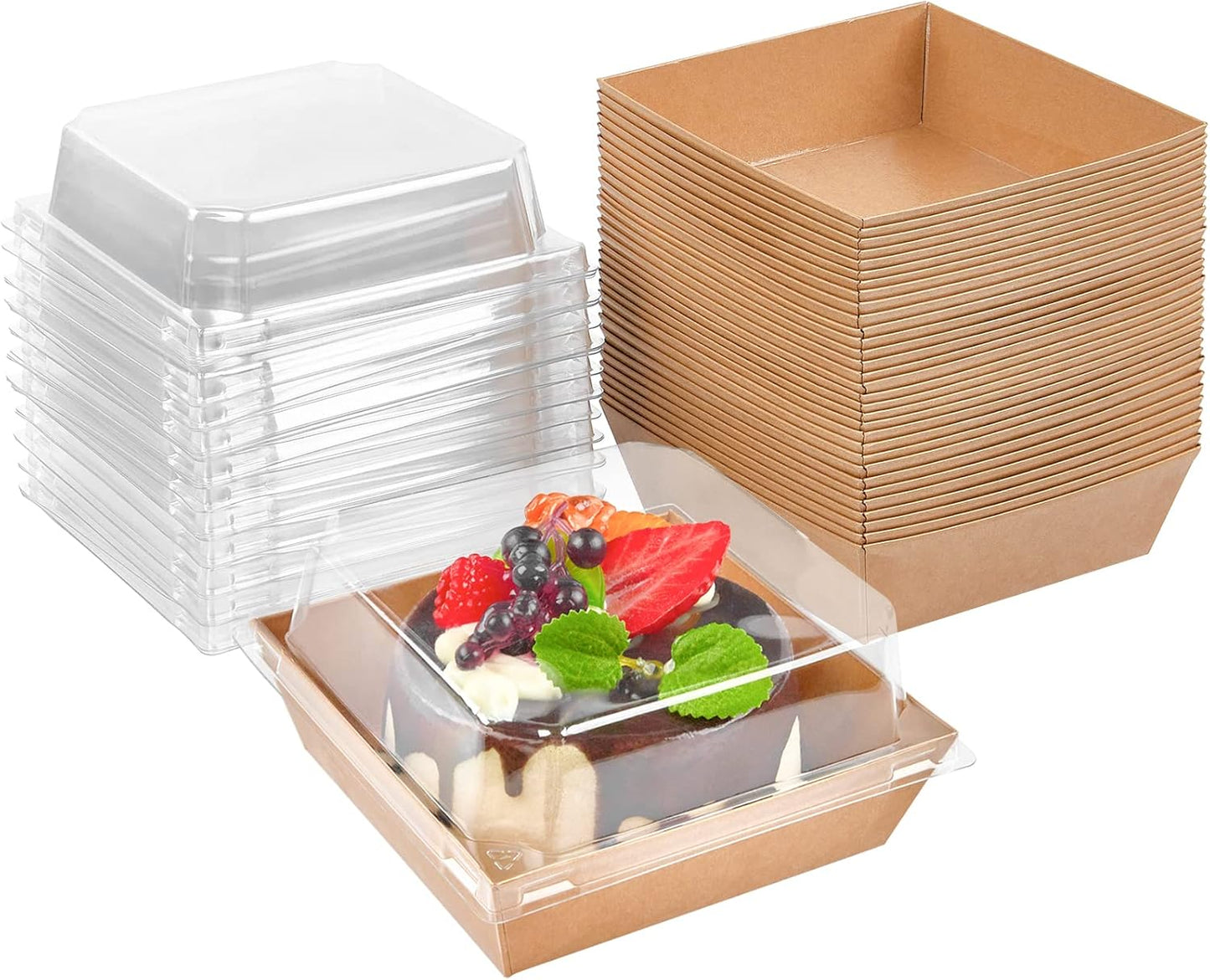 Small Charcuterie Boxes with Clear Lids, 4 Inches, 100 Pack | Paper Bakery Boxes, Brown Dessert Boxes, Disposable To Go Food Containers, For Cookie, Mini Cake, Chocolate Strawberry