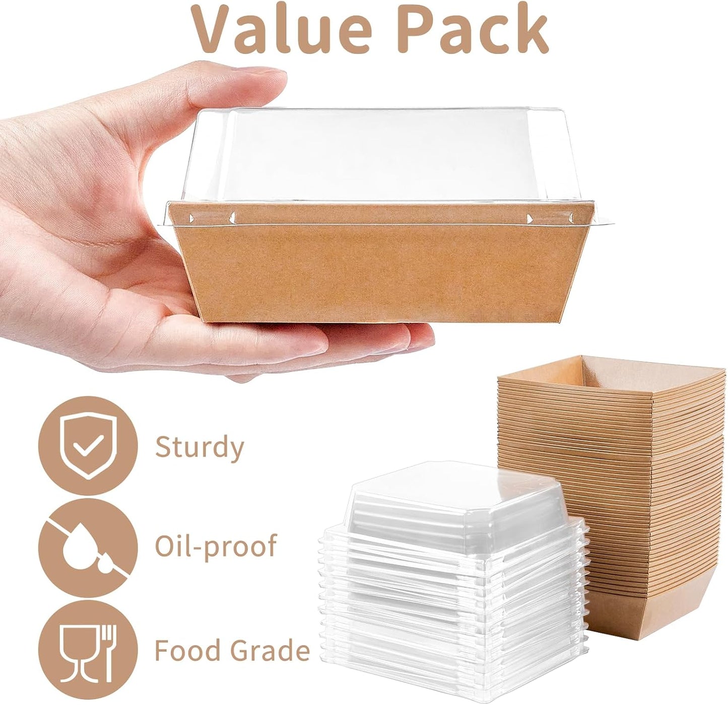 Small Charcuterie Boxes with Clear Lids, 4 Inches, 100 Pack | Paper Bakery Boxes, Brown Dessert Boxes, Disposable To Go Food Containers, For Cookie, Mini Cake, Chocolate Strawberry