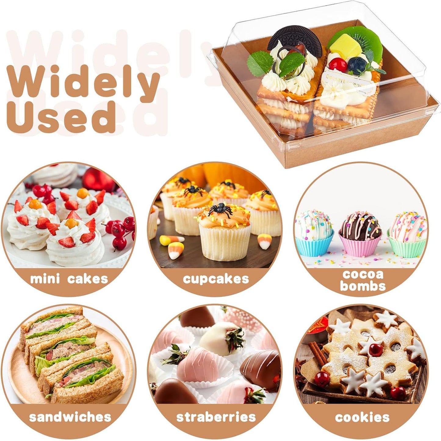 Small Charcuterie Boxes with Clear Lids, 4 Inches, 100 Pack | Paper Bakery Boxes, Brown Dessert Boxes, Disposable To Go Food Containers, For Cookie, Mini Cake, Chocolate Strawberry