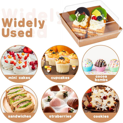 Small Charcuterie Boxes with Clear Lids, 4 Inches, 100 Pack | Paper Bakery Boxes, Brown Dessert Boxes, Disposable To Go Food Containers, For Cookie, Mini Cake, Chocolate Strawberry