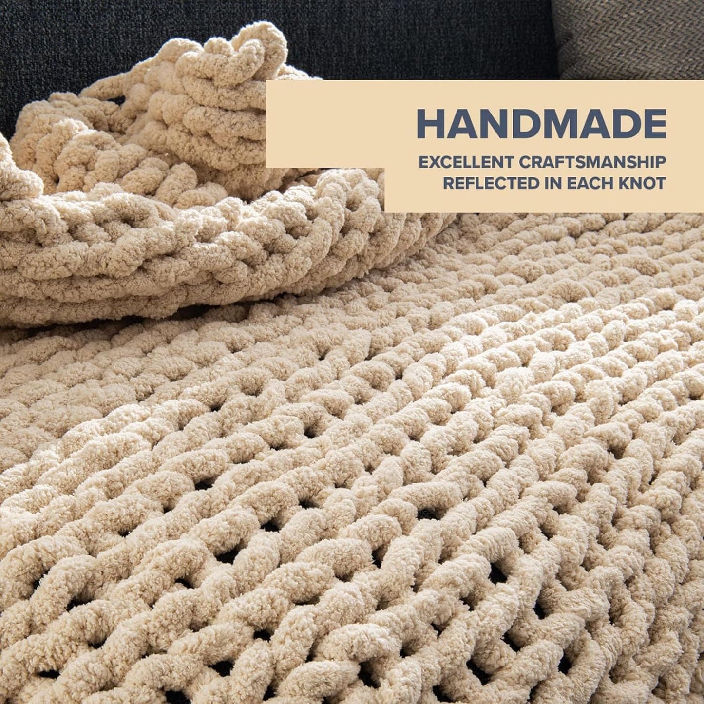 Chunky Throw Blanket, Hand Knitted Throw Blanket, Chunky Knit Throw Blanket, Machine Washable, Soft Chenille Chunky Knit Blanket for Couch, Sofa and Bed,Ginger Yellow,60x60cm