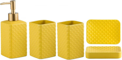 Bathroom Accessories Set, 3 or 4-Piece Ceramic Bathroom Accessory Set,Soap Dispenser,Toothbrush Holders Set,Tumbler,Soap Dish Embossed Matte Bathroom for Modern Bathrooms (Yellow 4-Piece Suit)