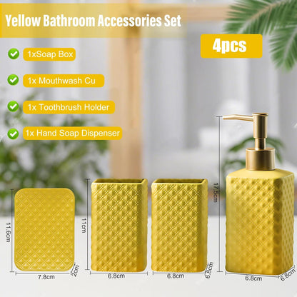 Bathroom Accessories Set, 3 or 4-Piece Ceramic Bathroom Accessory Set,Soap Dispenser,Toothbrush Holders Set,Tumbler,Soap Dish Embossed Matte Bathroom for Modern Bathrooms (Yellow 4-Piece Suit)