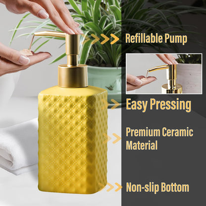 Bathroom Accessories Set, 3 or 4-Piece Ceramic Bathroom Accessory Set,Soap Dispenser,Toothbrush Holders Set,Tumbler,Soap Dish Embossed Matte Bathroom for Modern Bathrooms (Yellow 4-Piece Suit)