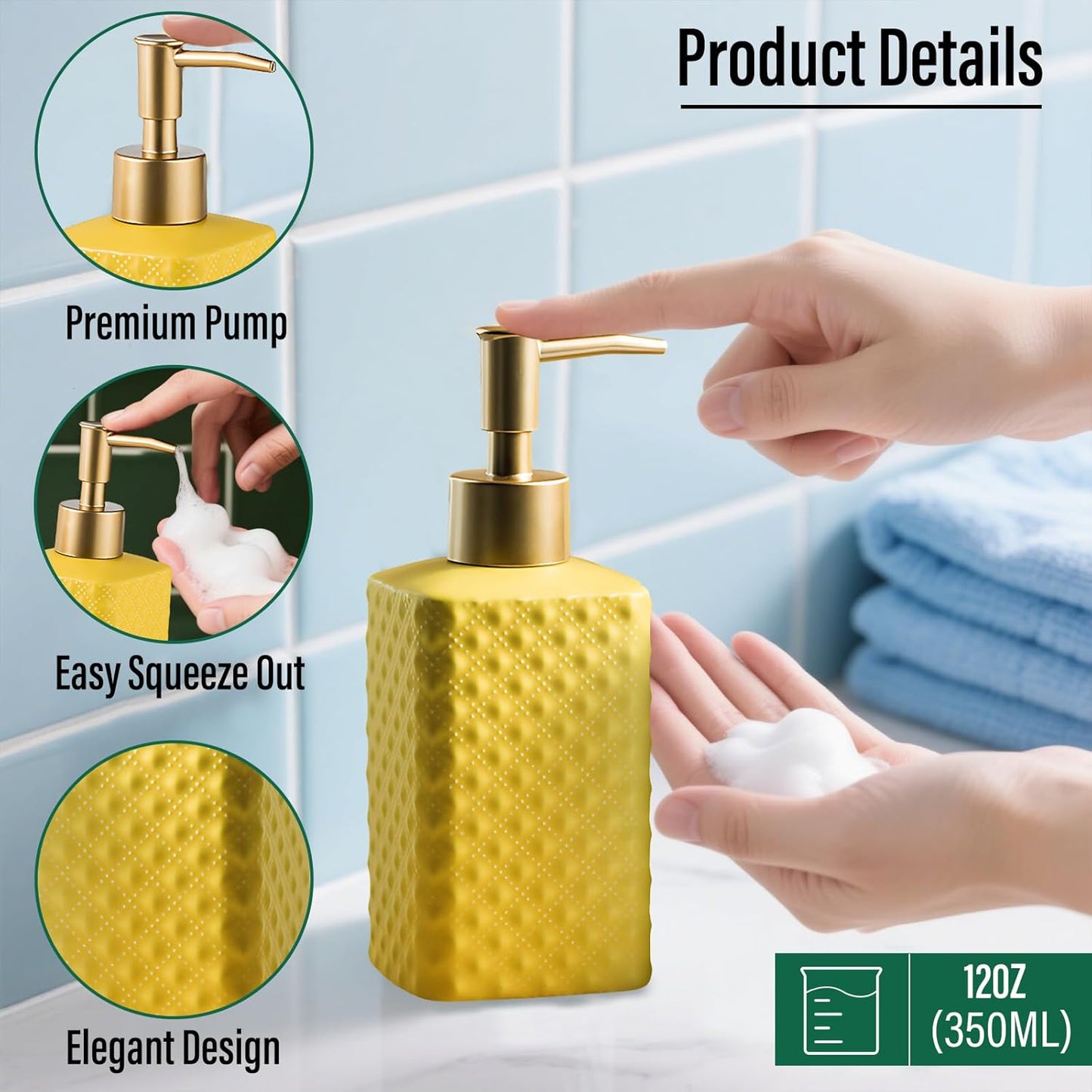Bathroom Accessories Set, 3 or 4-Piece Ceramic Bathroom Accessory Set,Soap Dispenser,Toothbrush Holders Set,Tumbler,Soap Dish Embossed Matte Bathroom for Modern Bathrooms (Yellow 4-Piece Suit)