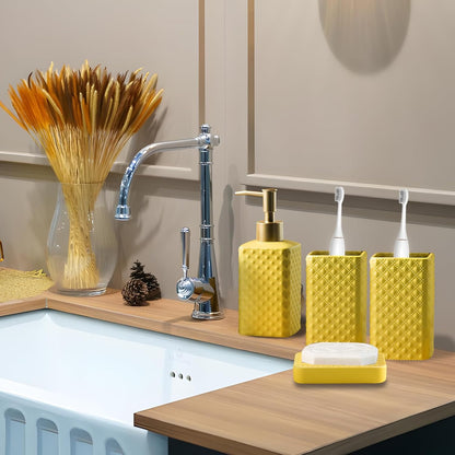 Bathroom Accessories Set, 3 or 4-Piece Ceramic Bathroom Accessory Set,Soap Dispenser,Toothbrush Holders Set,Tumbler,Soap Dish Embossed Matte Bathroom for Modern Bathrooms (Yellow 4-Piece Suit)