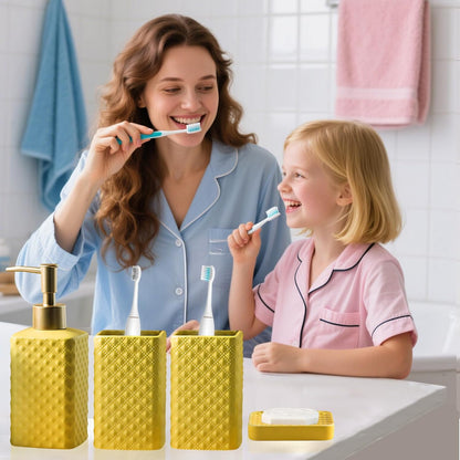 Bathroom Accessories Set, 3 or 4-Piece Ceramic Bathroom Accessory Set,Soap Dispenser,Toothbrush Holders Set,Tumbler,Soap Dish Embossed Matte Bathroom for Modern Bathrooms (Yellow 4-Piece Suit)