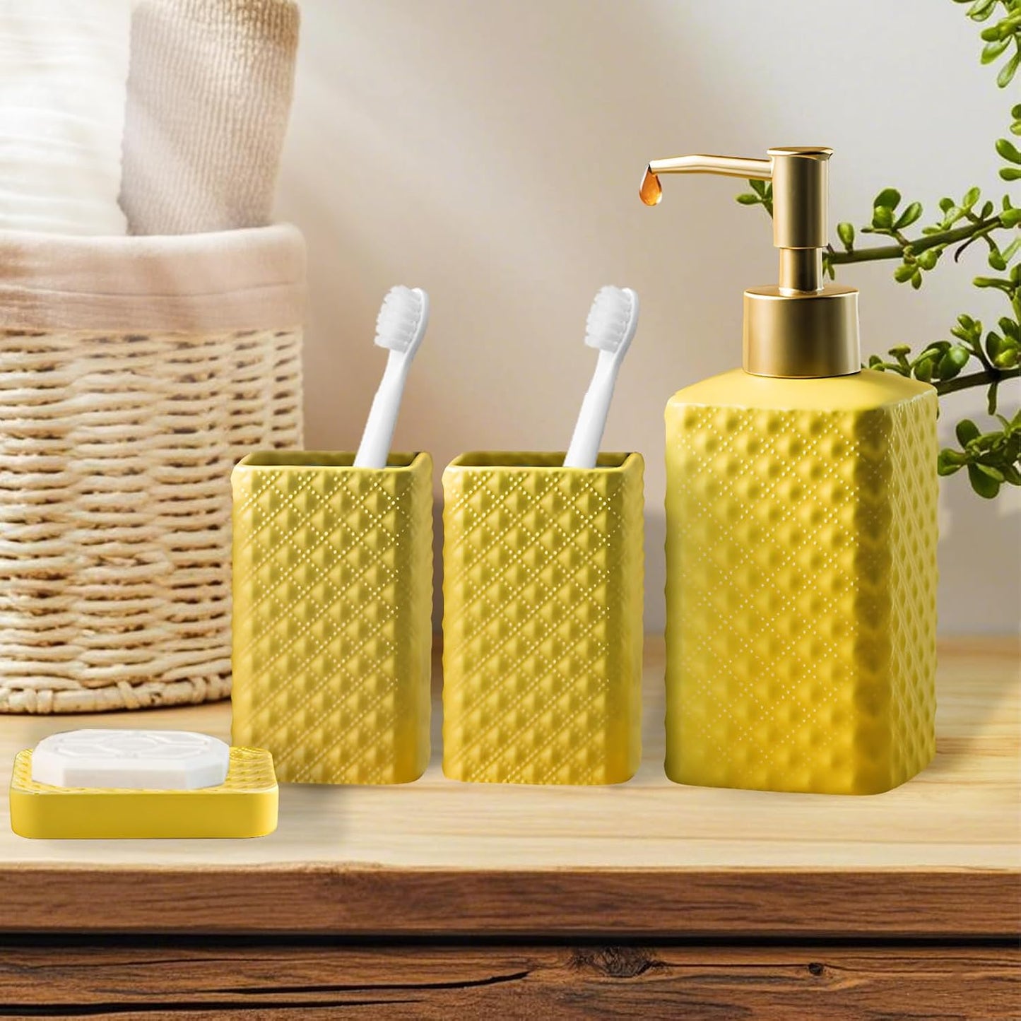Bathroom Accessories Set, 3 or 4-Piece Ceramic Bathroom Accessory Set,Soap Dispenser,Toothbrush Holders Set,Tumbler,Soap Dish Embossed Matte Bathroom for Modern Bathrooms (Yellow 4-Piece Suit)