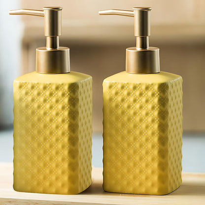 Bathroom Accessories Set, 3 or 4-Piece Ceramic Bathroom Accessory Set,Soap Dispenser,Toothbrush Holders Set,Tumbler,Soap Dish Embossed Matte Bathroom for Modern Bathrooms (Yellow 4-Piece Suit)