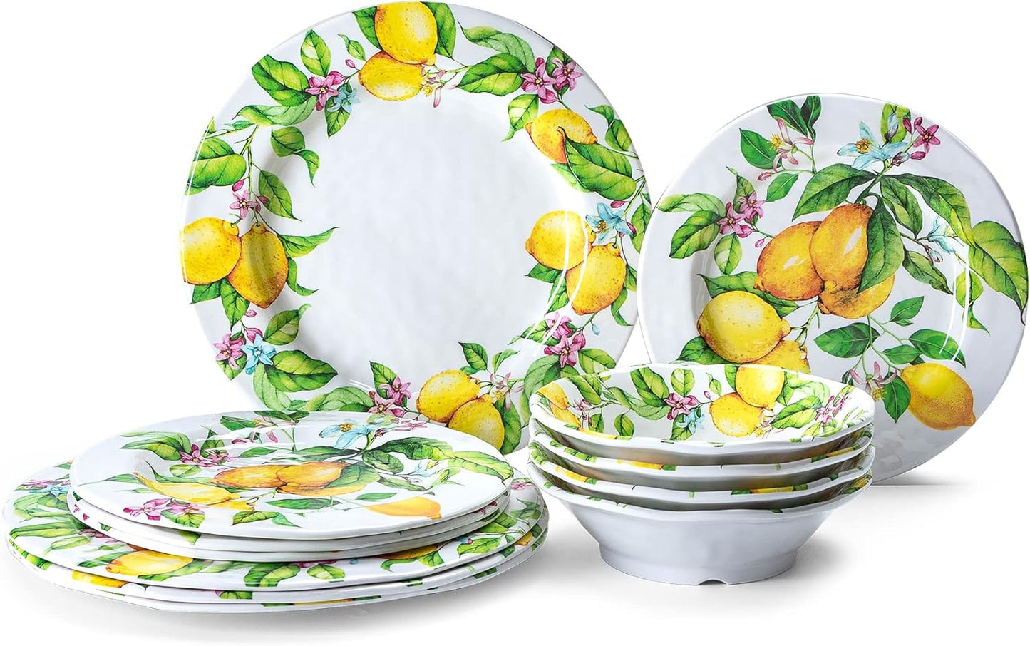 Lemon Melamine Dinnerware Dish Set – 12 Piece Indoor and Outdoor Plates and Bowls Sets for Everyday Use, Dishwasher Safe, Unbreakable Kitchen Dinner Set, Service for 4…
