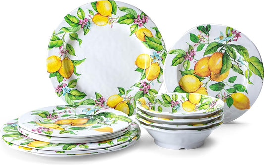 Lemon Melamine Dinnerware Dish Set – 12 Piece Indoor and Outdoor Plates and Bowls Sets for Everyday Use, Dishwasher Safe, Unbreakable Kitchen Dinner Set, Service for 4…