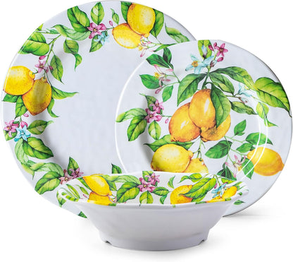 Lemon Melamine Dinnerware Dish Set – 12 Piece Indoor and Outdoor Plates and Bowls Sets for Everyday Use, Dishwasher Safe, Unbreakable Kitchen Dinner Set, Service for 4…