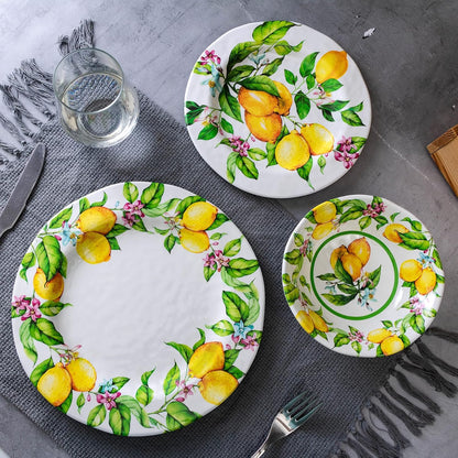 Lemon Melamine Dinnerware Dish Set – 12 Piece Indoor and Outdoor Plates and Bowls Sets for Everyday Use, Dishwasher Safe, Unbreakable Kitchen Dinner Set, Service for 4…