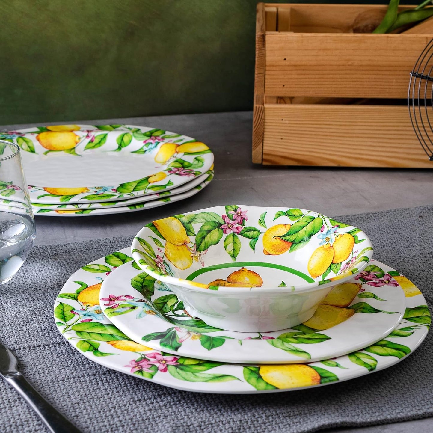 Lemon Melamine Dinnerware Dish Set – 12 Piece Indoor and Outdoor Plates and Bowls Sets for Everyday Use, Dishwasher Safe, Unbreakable Kitchen Dinner Set, Service for 4…