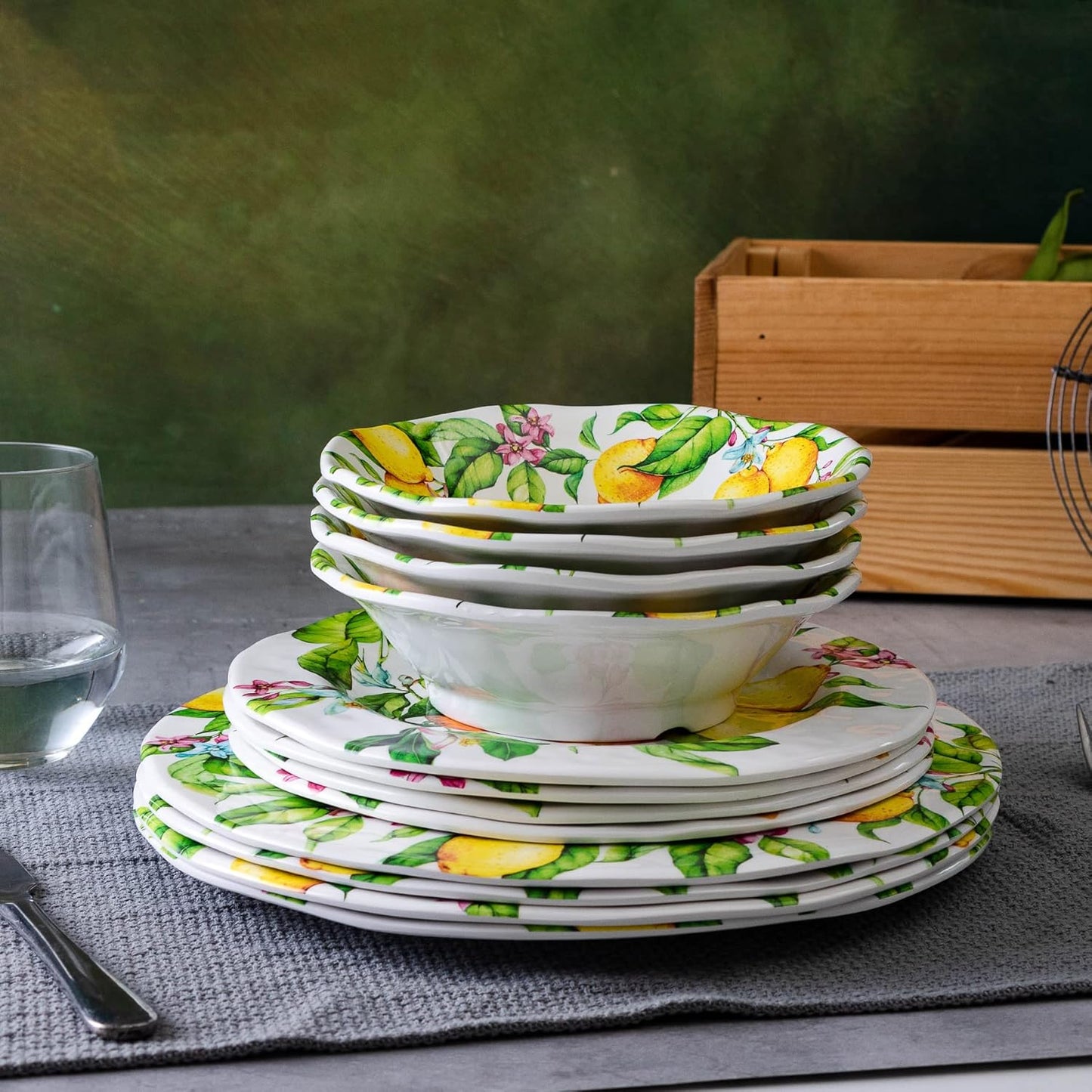 Lemon Melamine Dinnerware Dish Set – 12 Piece Indoor and Outdoor Plates and Bowls Sets for Everyday Use, Dishwasher Safe, Unbreakable Kitchen Dinner Set, Service for 4…