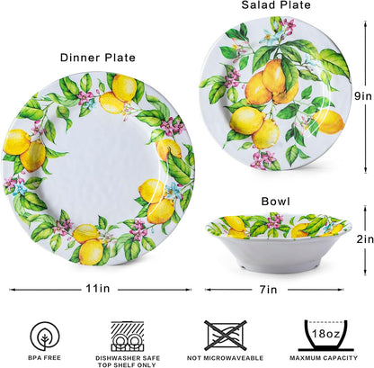 Lemon Melamine Dinnerware Dish Set – 12 Piece Indoor and Outdoor Plates and Bowls Sets for Everyday Use, Dishwasher Safe, Unbreakable Kitchen Dinner Set, Service for 4…