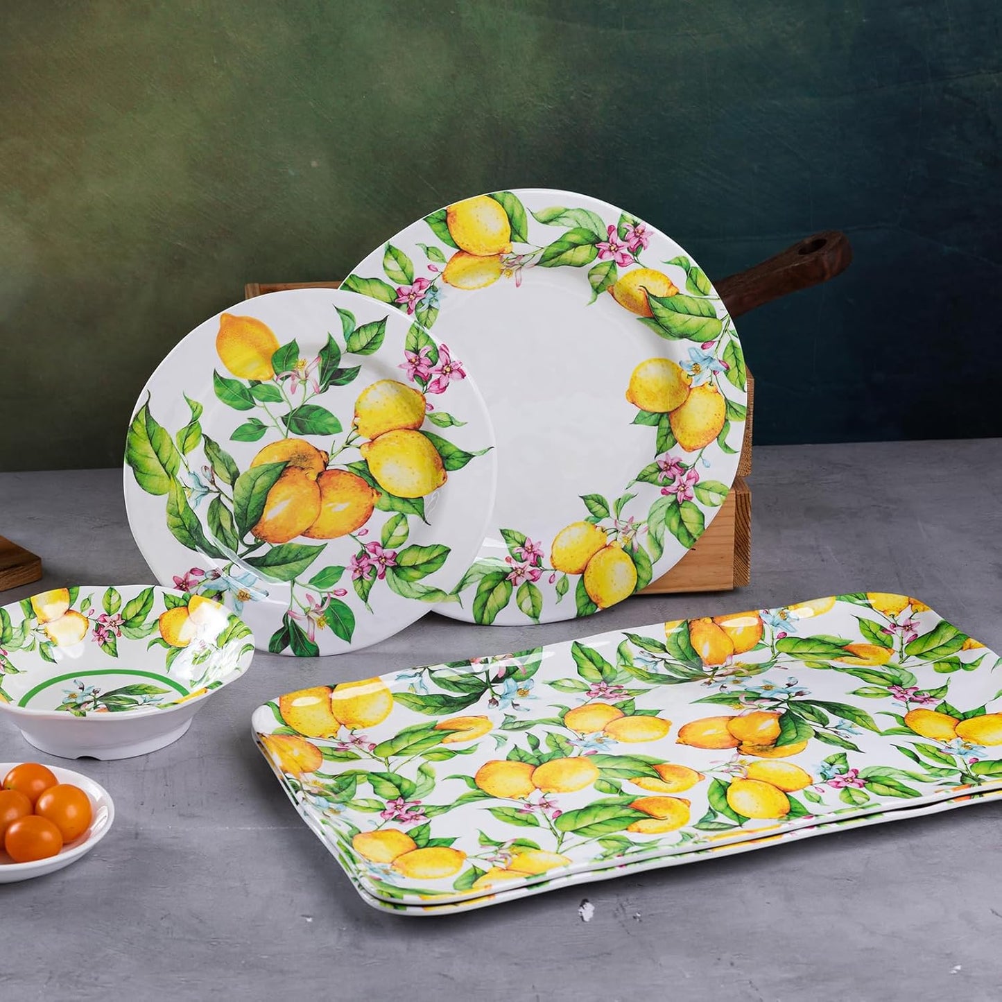 Lemon Melamine Dinnerware Dish Set – 12 Piece Indoor and Outdoor Plates and Bowls Sets for Everyday Use, Dishwasher Safe, Unbreakable Kitchen Dinner Set, Service for 4…