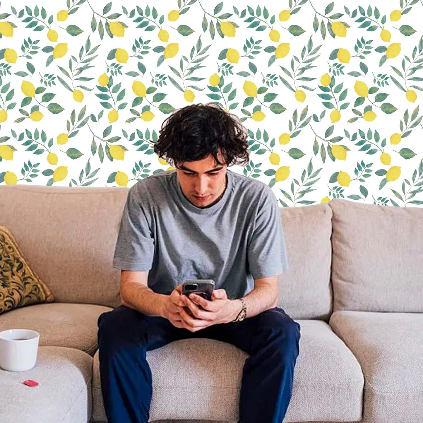 Lemon Peel and Stick Wallpaper Wall Art Decor Modern Flower Fruit Removable Wallpaper for Bedroom Adhesive Shelf Drawer Liner, 17.7 x 118 inch