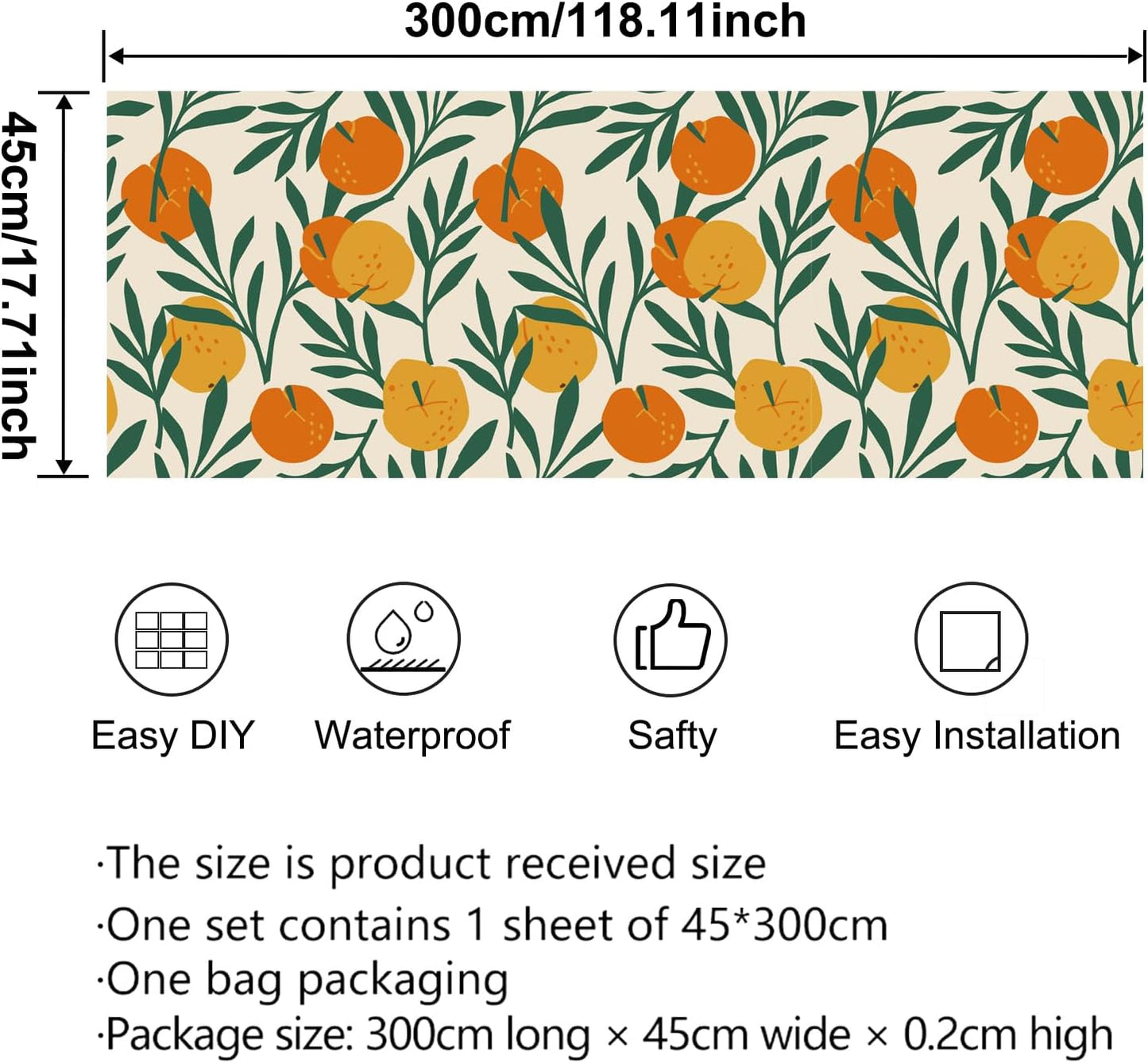 Lemon Peel and Stick Wallpaper Wall Art Decor Modern Flower Fruit Removable Wallpaper for Bedroom Adhesive Shelf Drawer Liner, 17.7 x 118 inch