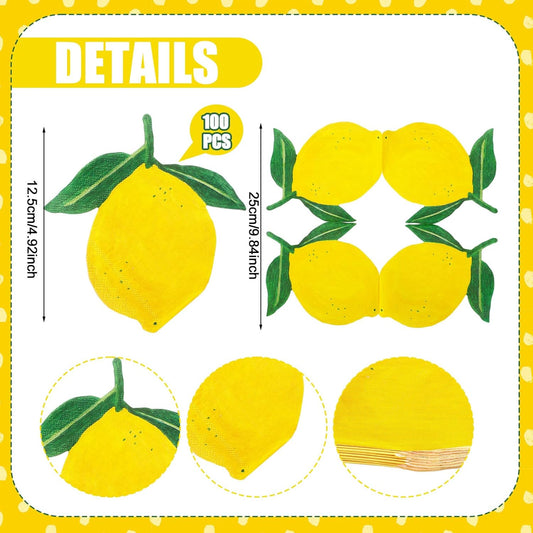 100 Count Lemon Shaped Napkins Yellow Paper Cocktail Napkins 3-ply Disposable Napkin for Kitchen Bathroom Beverage Summer Party Supplies