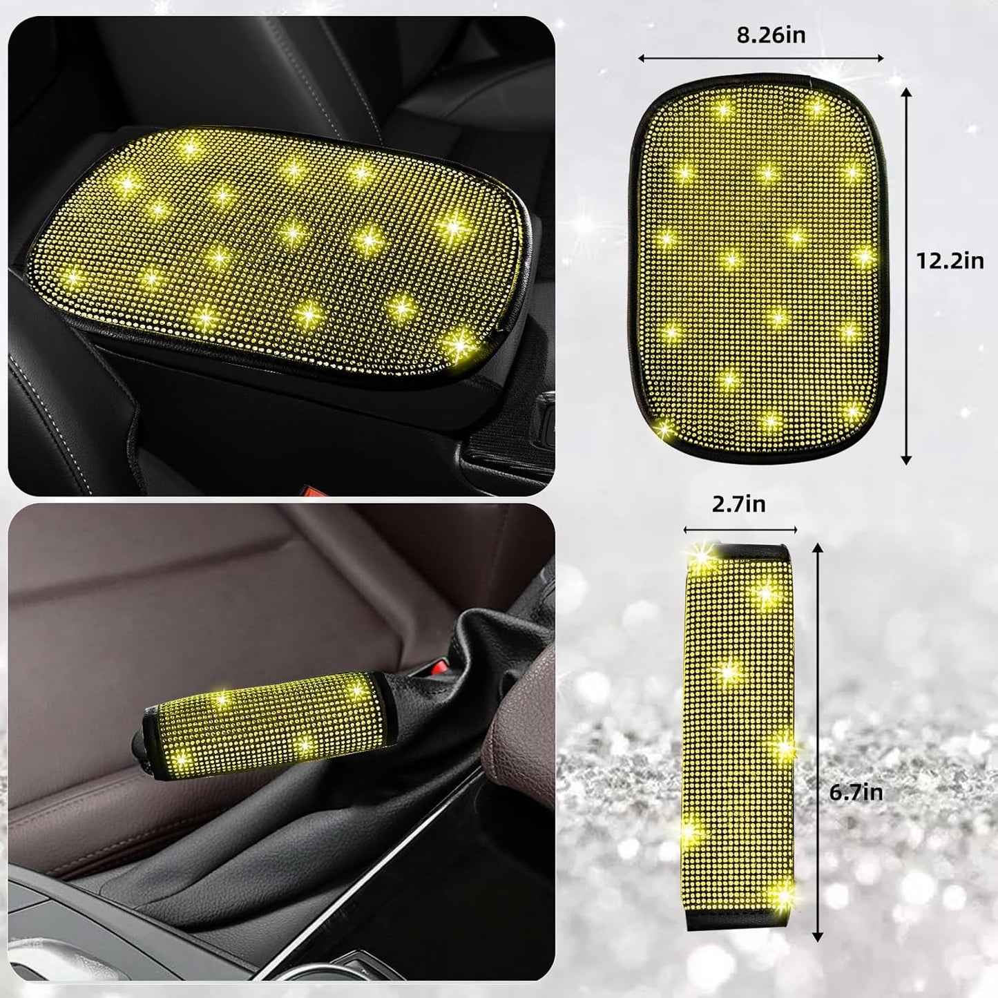 30 Pcs Yellow Bling Car Accessories Set for Women, Steering Wheel Cover Set, Bling Console Cover, Seat Belt Cushion, Shift Knob Cushion, Cup Holder Coaster, Rhinestone Car Hanging Accessories