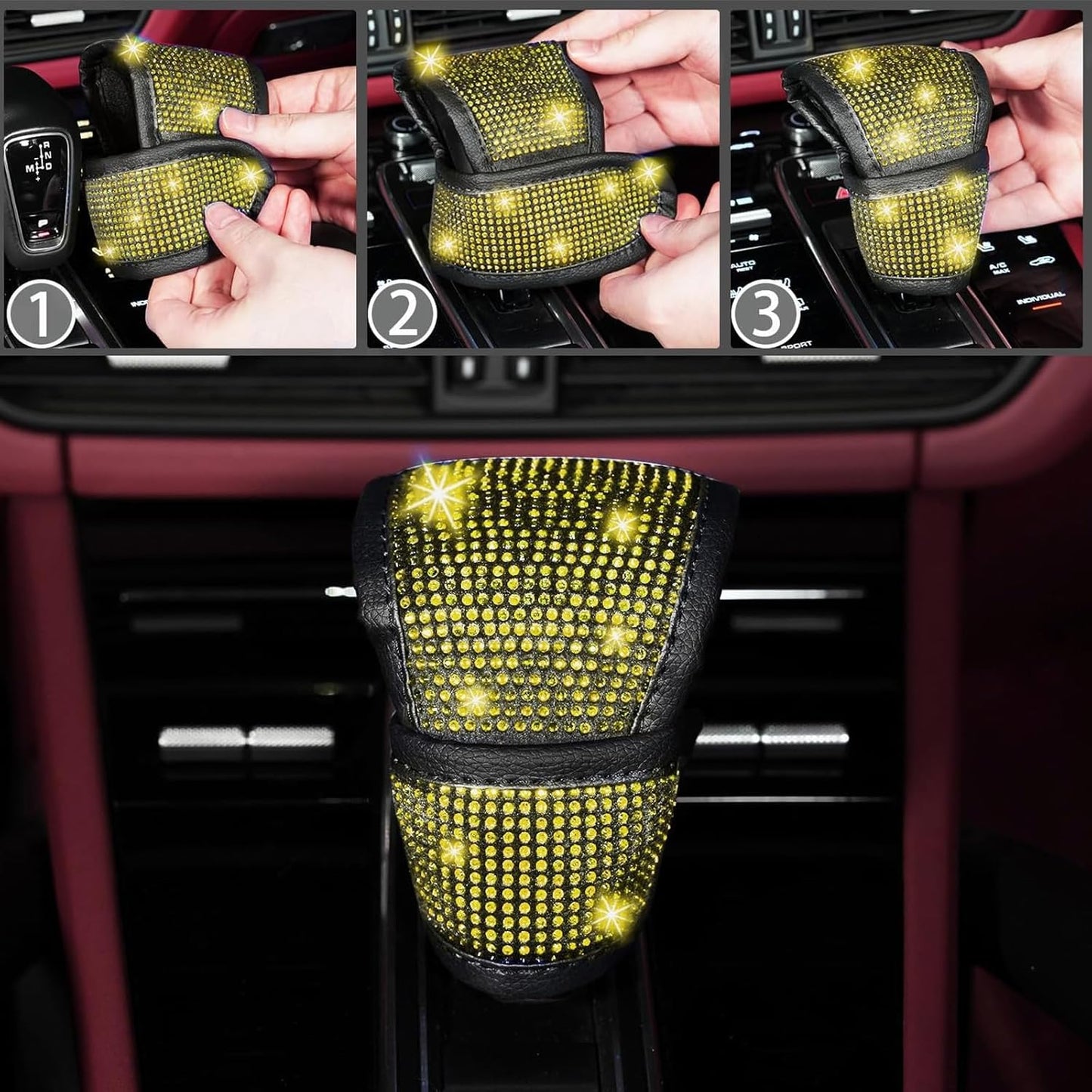 30 Pcs Yellow Bling Car Accessories Set for Women, Steering Wheel Cover Set, Bling Console Cover, Seat Belt Cushion, Shift Knob Cushion, Cup Holder Coaster, Rhinestone Car Hanging Accessories