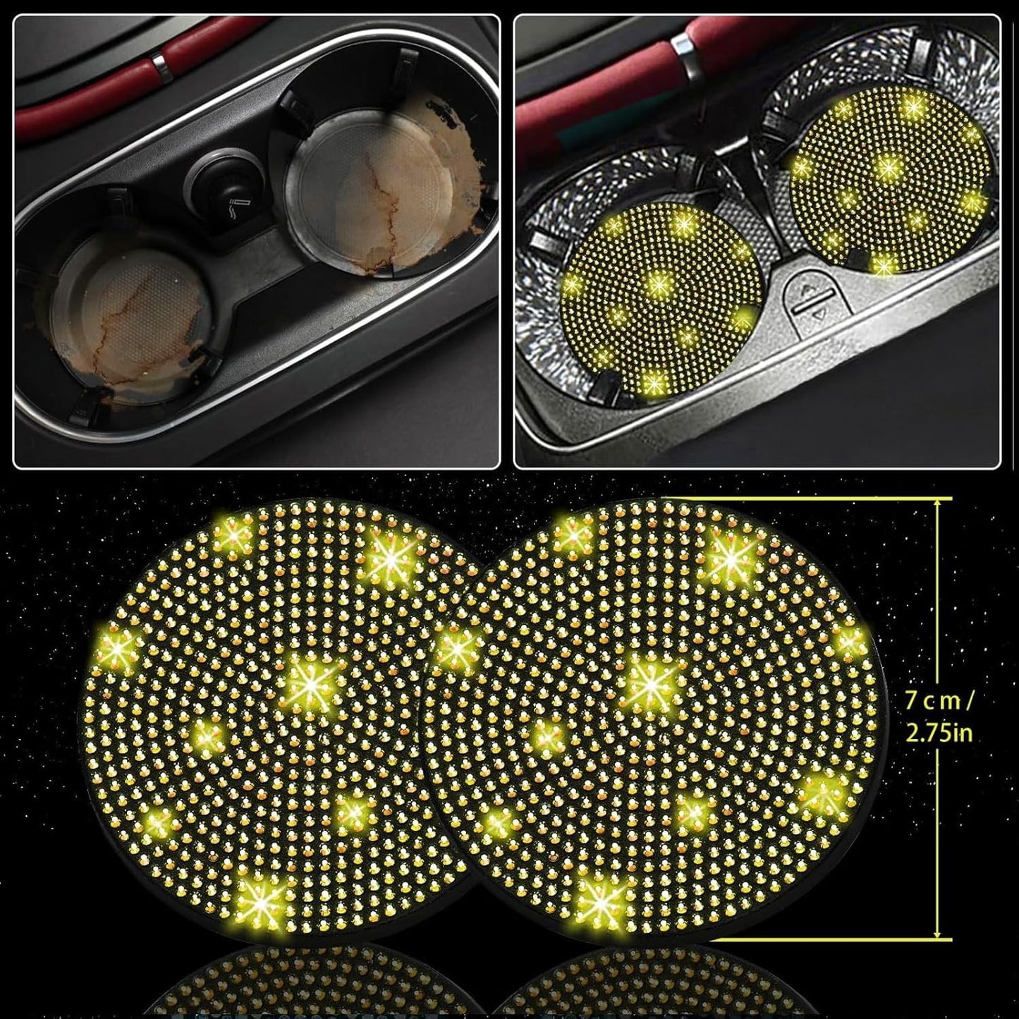 30 Pcs Yellow Bling Car Accessories Set for Women, Steering Wheel Cover Set, Bling Console Cover, Seat Belt Cushion, Shift Knob Cushion, Cup Holder Coaster, Rhinestone Car Hanging Accessories