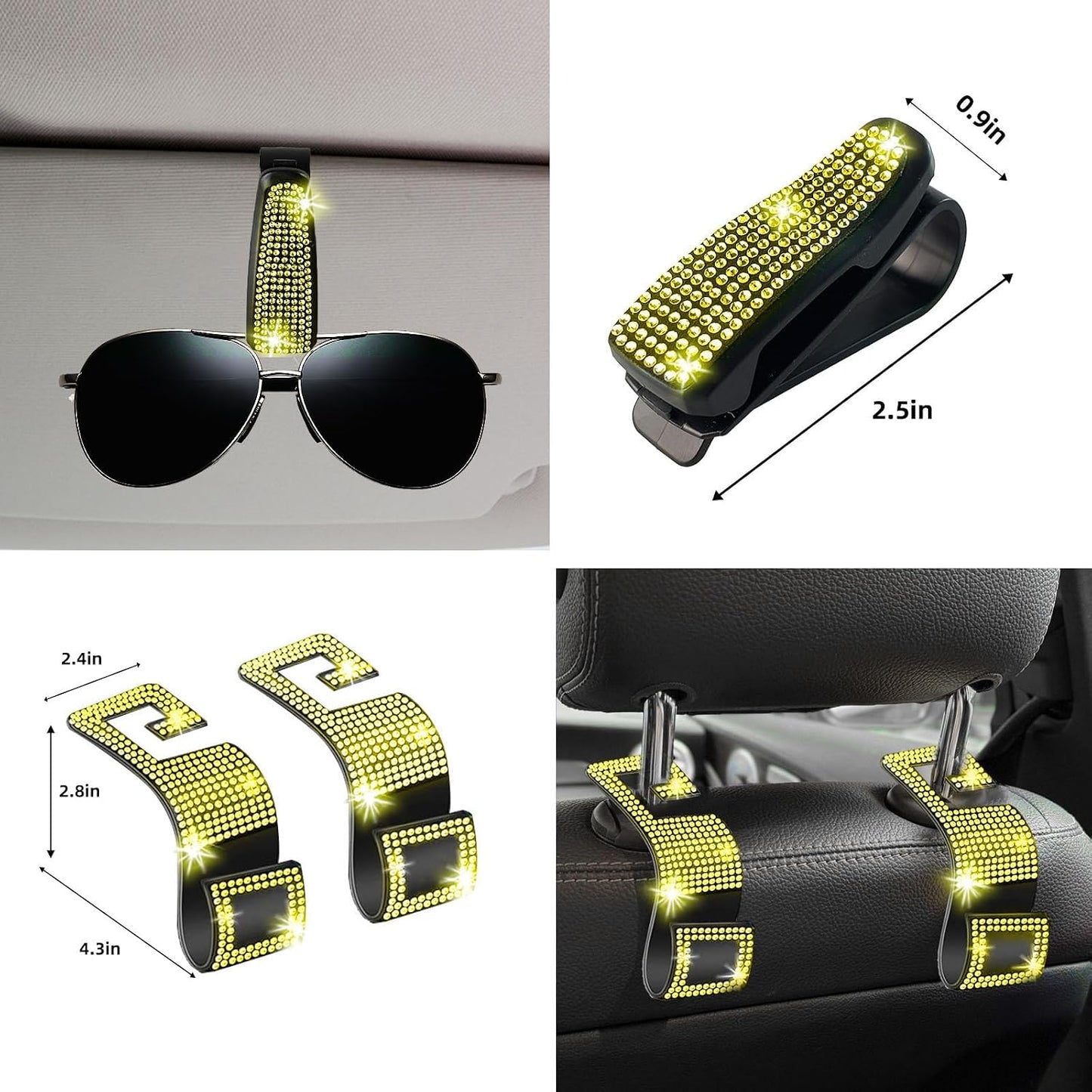 30 Pcs Yellow Bling Car Accessories Set for Women, Steering Wheel Cover Set, Bling Console Cover, Seat Belt Cushion, Shift Knob Cushion, Cup Holder Coaster, Rhinestone Car Hanging Accessories