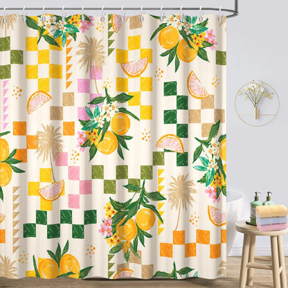 Yellow Lemon Shower Curtain with Hooks for Bathroom 72x84 Inch | Waterproof Summer Green and Pink Citru Fruits Shower Curtain Set, Soft Bathroom Decor, Machine Washable