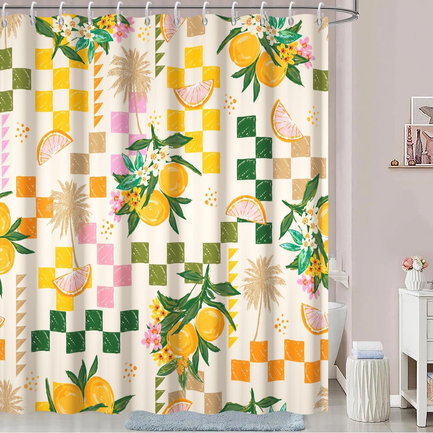 Yellow Lemon Shower Curtain with Hooks for Bathroom 72x84 Inch | Waterproof Summer Green and Pink Citru Fruits Shower Curtain Set, Soft Bathroom Decor, Machine Washable