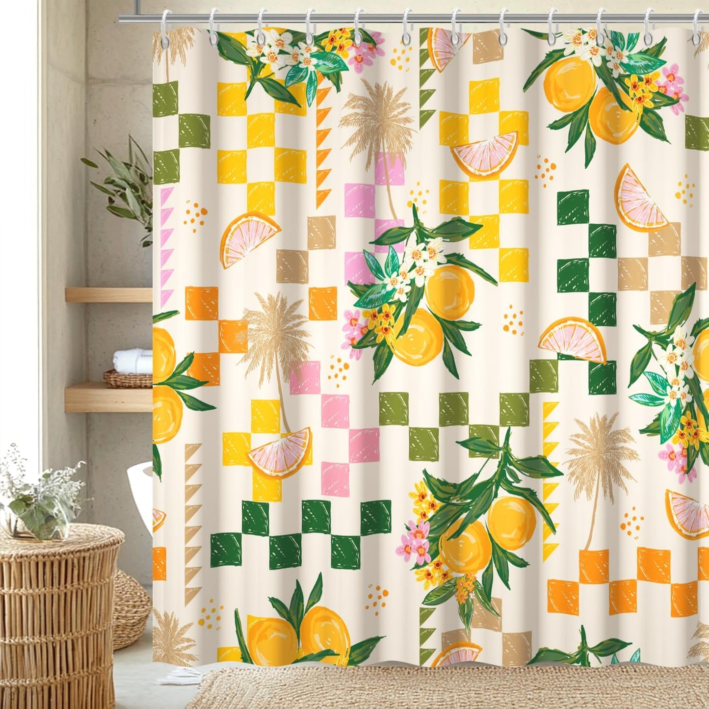 Yellow Lemon Shower Curtain with Hooks for Bathroom 72x84 Inch | Waterproof Summer Green and Pink Citru Fruits Shower Curtain Set, Soft Bathroom Decor, Machine Washable