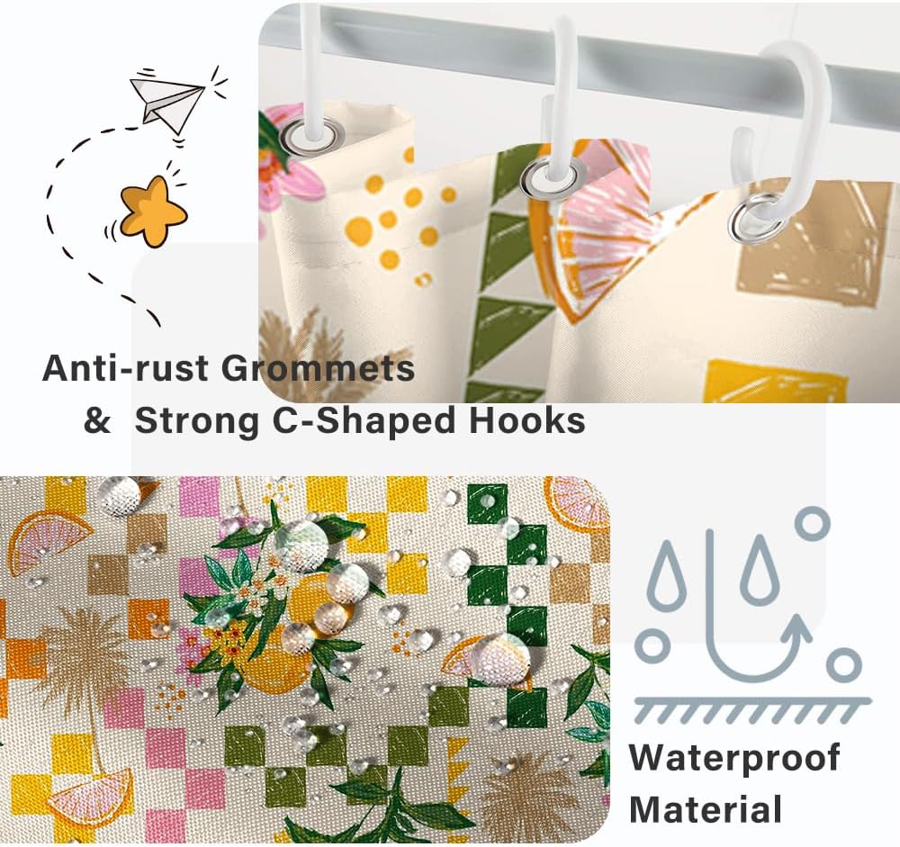 Yellow Lemon Shower Curtain with Hooks for Bathroom 72x84 Inch | Waterproof Summer Green and Pink Citru Fruits Shower Curtain Set, Soft Bathroom Decor, Machine Washable