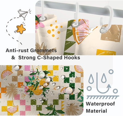 Yellow Lemon Shower Curtain with Hooks for Bathroom 72x84 Inch | Waterproof Summer Green and Pink Citru Fruits Shower Curtain Set, Soft Bathroom Decor, Machine Washable
